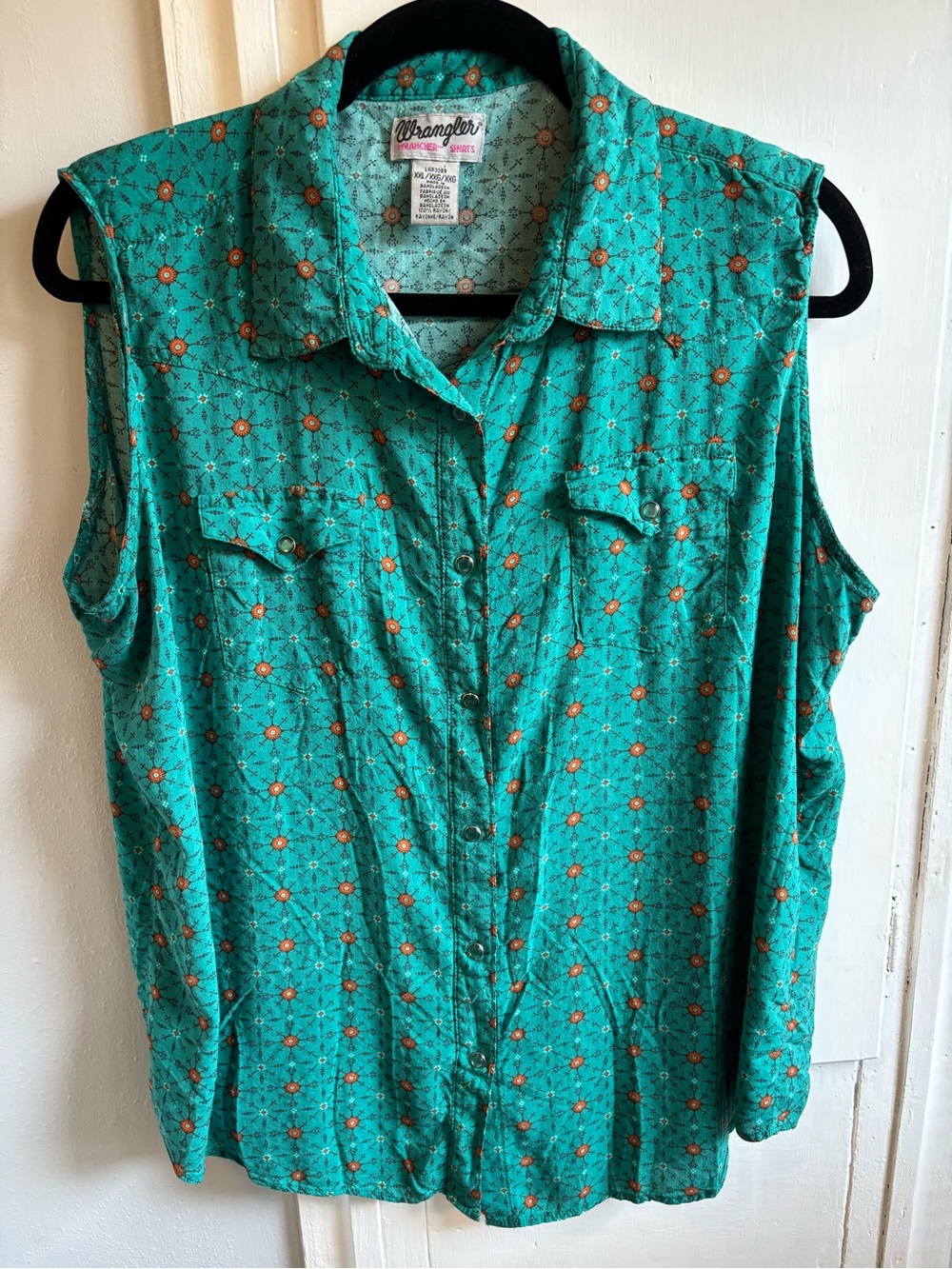 Wrangler Teal Green Printed Sleeveless Pearl Snap Button-Down Shirt